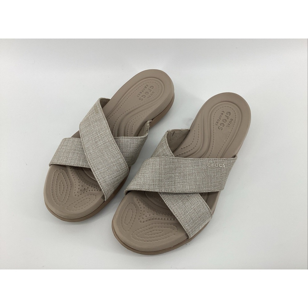 Crocs Capri Shimmer X Band Sandal Beige Metallic Gold Slip On Slide Women's 11
